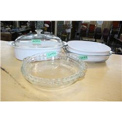 Two Glass Pyrex Pie Plates; a Roasting Dish and 2 Open Baking Dishes