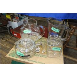 Glass Ware - 2 Pitchers, Pyrex Tea Pot & a Glass Container