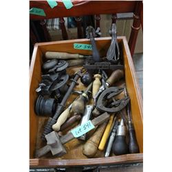 Wooden Box with Vintage Tools  - Including a Hand Held Vice