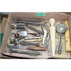 Box with Stove Lifters, Can Openers and Small Tools