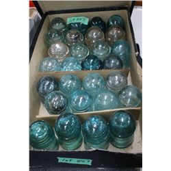 Box with 28 Green & Clear Glass Insulators