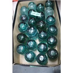 Box with 23 Green Glass Insulators