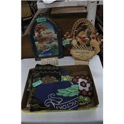 Box with Table Runners, Doilies & 2 Embossed Calendars (1929 & 1956)