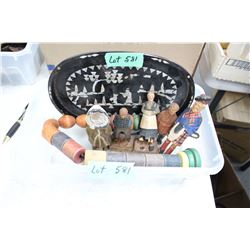 Box with Hand Carved Wooden Items & a Wooden Tray with Inlays