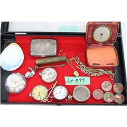 Showcase of Pocket Watches, a Snuff Spoon, Travel Clock, Watch Chains, String Cutter, Games, etc. (*