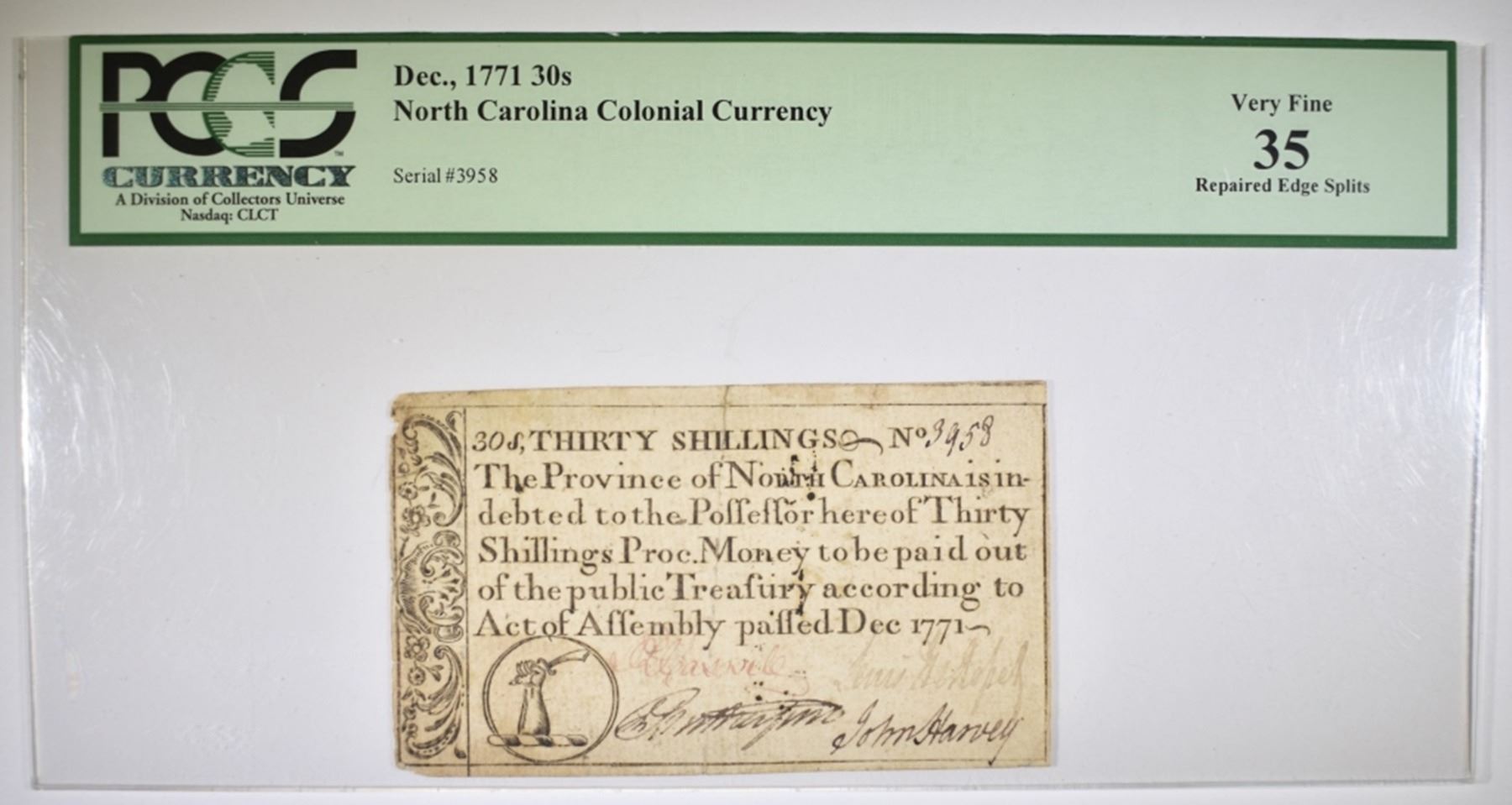 1771 30 SHILLINGS COLONIAL CURRENCY PCGS VF35