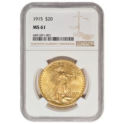 1915 $20 St Gaudens Double Eagle Gold Coin PCGS MS61