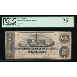 1863 $20 Confederate States of America Note PCGS 30