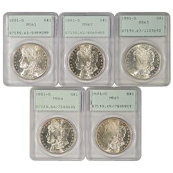 Lot of (5) 1881-S $1 Morgan Silver Dollars PCGS MS61-65