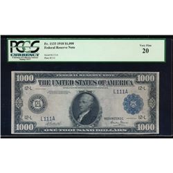 1918 $1000 San Francisco Federal Reserve Note PCGS 20 Very Fine