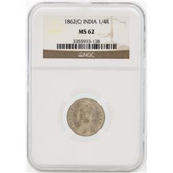 1862 India 1/4 Rupee Silver Coin NGC MS62