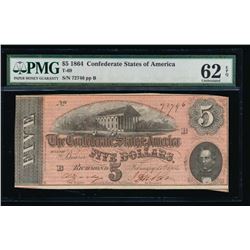 1864 $5 Confederate States of America Note PMG 62EPQ