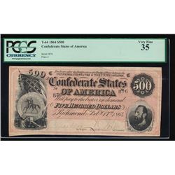 1864 $500 Confederate States of America Ladder SN Note PCGS 35