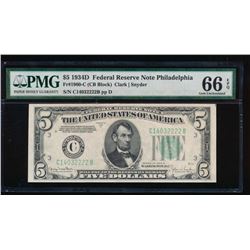 1934D $5 Philadelphia Federal Reserve Note PMG 66EPQ