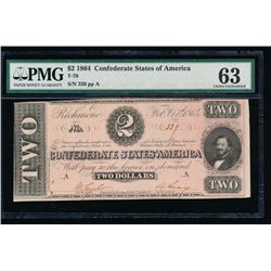 1864 $2 Confederate States of America Note PMG 63