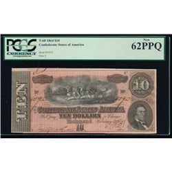 1864 $10 Confederate States of America Note PCGS 62PPQ