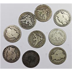 NINE DIFFERENT CIRCULATED BARBER HALF DOLLARS