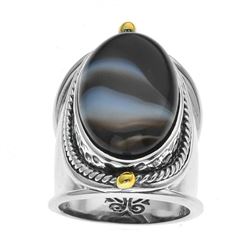 Sterling Silver Tuxedo Agate Wide Band Ring-SZ 8