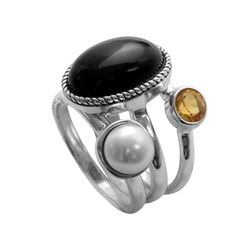 Set of Silver Onyx, Pearl & Citrine Ring-SZ 9