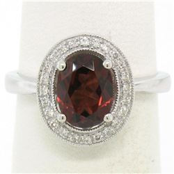 14K White Gold 1.59 ctw Oval Garnet Ring w/ Milgrain Diamond Halo