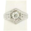 Image 1 : Art Deco Etched 18k White Gold .85 ctw European Cut Diamond Solitaire Ring