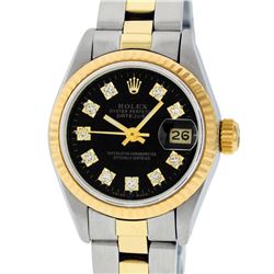 Rolex Ladies 2 Tone 14K Black Diamond 26MM Datejust Wristwatch