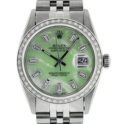 Rolex Mens Stainless Steel Green MOP Baguette Diamond & Emerald 36MM Datejust Wr