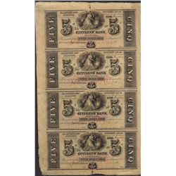 Uncut Sheet of 1800's $5 Citizens Bank of Louisiana Obsolete Notes