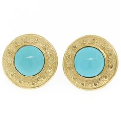 14k Yellow Gold Round Bezel Set Turquoise Button Earrings