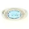 Image 4 : 14K White Gold Oval Checkerboard Cut Bezel Blue Topaz Solitaire & Diamond Ring
