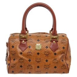 MCM Tan Cognac Visetos Brown Leather Trim Vintage Boston Bag