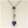 Image 1 : 14K White Gold Heart Amethyst Tourmaline Pink Sapphire Diamond Dangle Pendant