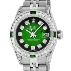 Rolex Ladies Stainless Steel  Green Vignette Diamond Lugs & Emerald Datejust Wri