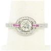 Image 2 : 14k Solid White Gold 0.85 ctw Round Pave Set Diamond & Pink Sapphire Halo Ring