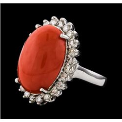 9.80 ctw Coral and Diamond Ring - 14KT White Gold