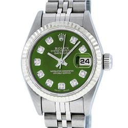 Rolex Ladies Stainless Steel Green Diamond Quickset Datejust Wristwatch