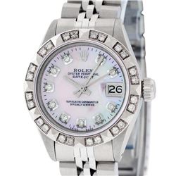 Rolex Ladies Stainless Steel Pink MOP Pyramid Diamond Datejust Wristwatch