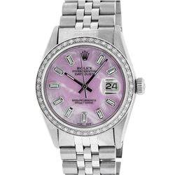 Rolex Mens Stainless Steel Pink MOP Baguette Diamond 36MM Datejust Wristwatch