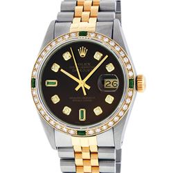 Rolex Mens 2 Tone 14K Brown Diamond & Emerald 36MM Datejust Wristwatch