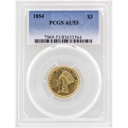 1854 $3 Indian Princess Head Gold Coin PCGS AU53