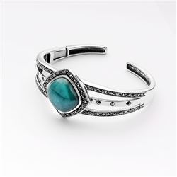 Silver 16mm Turquoise & Marcasite Hinged Cuff 6.7"