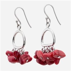 Sterling Silver Red Coral Chips Drop Earrings