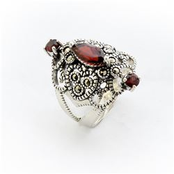 Sterling Silver Garnet & Marcasite Ring- SZ 10