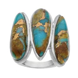 Silver Bronze Turquoise Brushed 3-Stone Ring-SZ 7