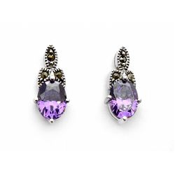 Sterling Silver Oval Amethyst & Marcasite Earrings