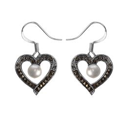 Silver Tone Pearl & Marcasite Heart Earrings