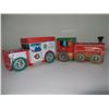 Image 1 : WHITE AND RED CANDY TIN TRUCK AND RED TIN CANDY EXPRESS TRAIN ENGINE (7.5" LONG X 3" WIDE X 4" HIGH-