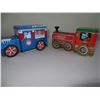 Image 1 : BLUE NORTH POLE TIN MAIL CANDY TRUCK AND RED TIN CANDY EXPRESS TRAIN ENGINE (7.5" LONG X 3" WIDE X 4