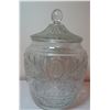 Image 1 : CRYSTAL CLEAR COOKIE JAR WITH SUNFLOWER/DAISY DESIGN (ANCHOR HOCKING 1940S-1960S) *5.5" WIDE AT RIM 