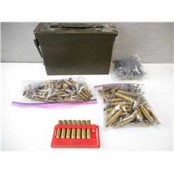 5.56MM, 30-06, 303 BRIT, 30-30 WIN BRASS CASES, INCLUDING 5.56MM MACHINE GUN LINKS, IN METAL TIN